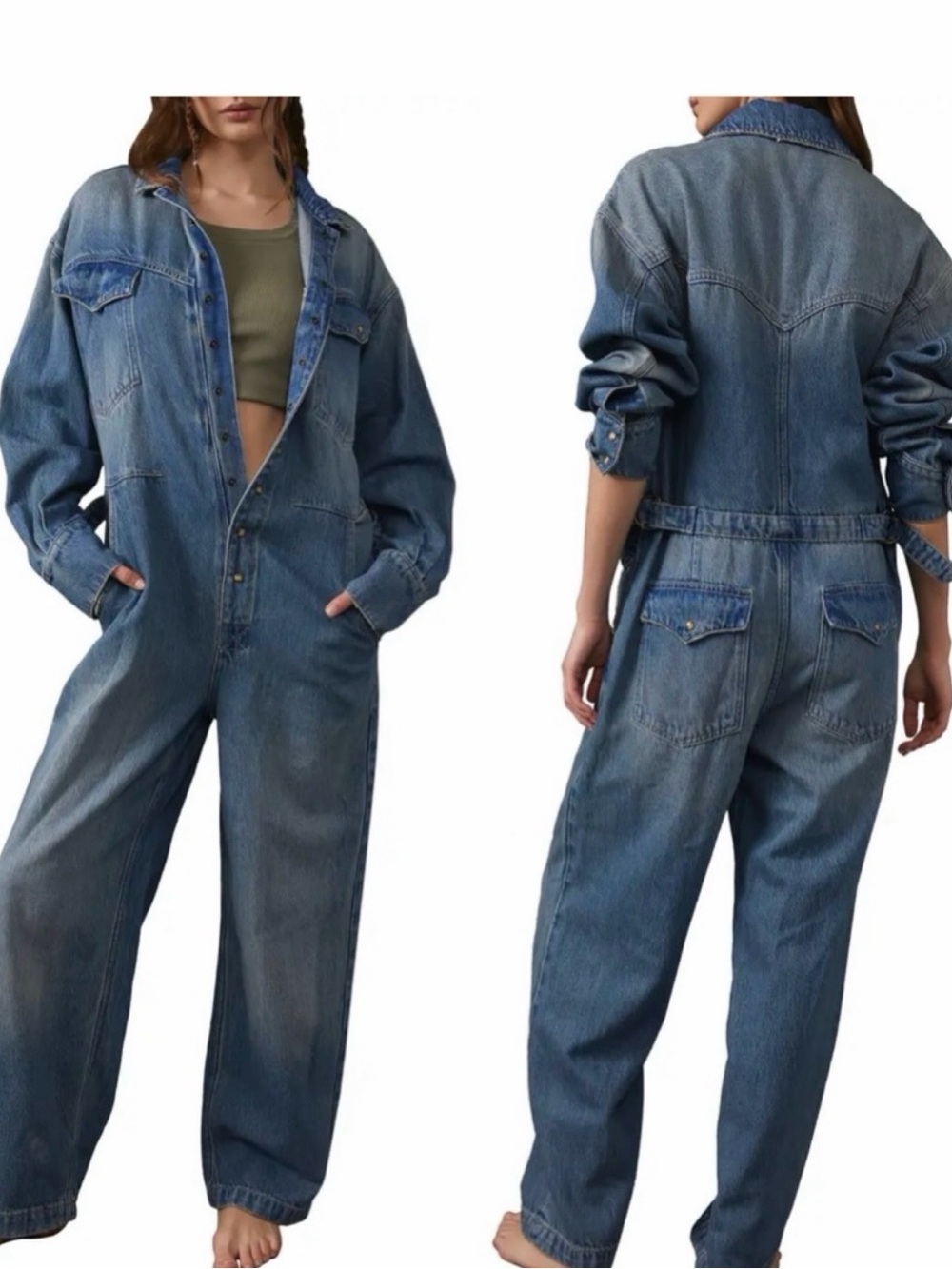We The Free Townes Denim Jumpsuit Western Pearl Snap XS